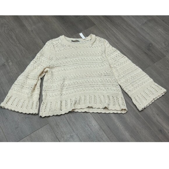 NWT Madewell Cream Crochet Knit Bell Sleeve Scalloped-Trim Sweater Size Small - Picture 2 of 8